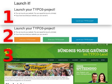 Installation einer Website mit Launch it! (1) Installieren. (2) Ansehen oder rückgängig machen. (3) die schlüsselfertige Website mit TYPO3 