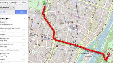 TYPO3-Browser: Routenplaner-Beispiel für den Fußweg von der Bayerischen Staatskanzlei zum Bayerischen Landtag 