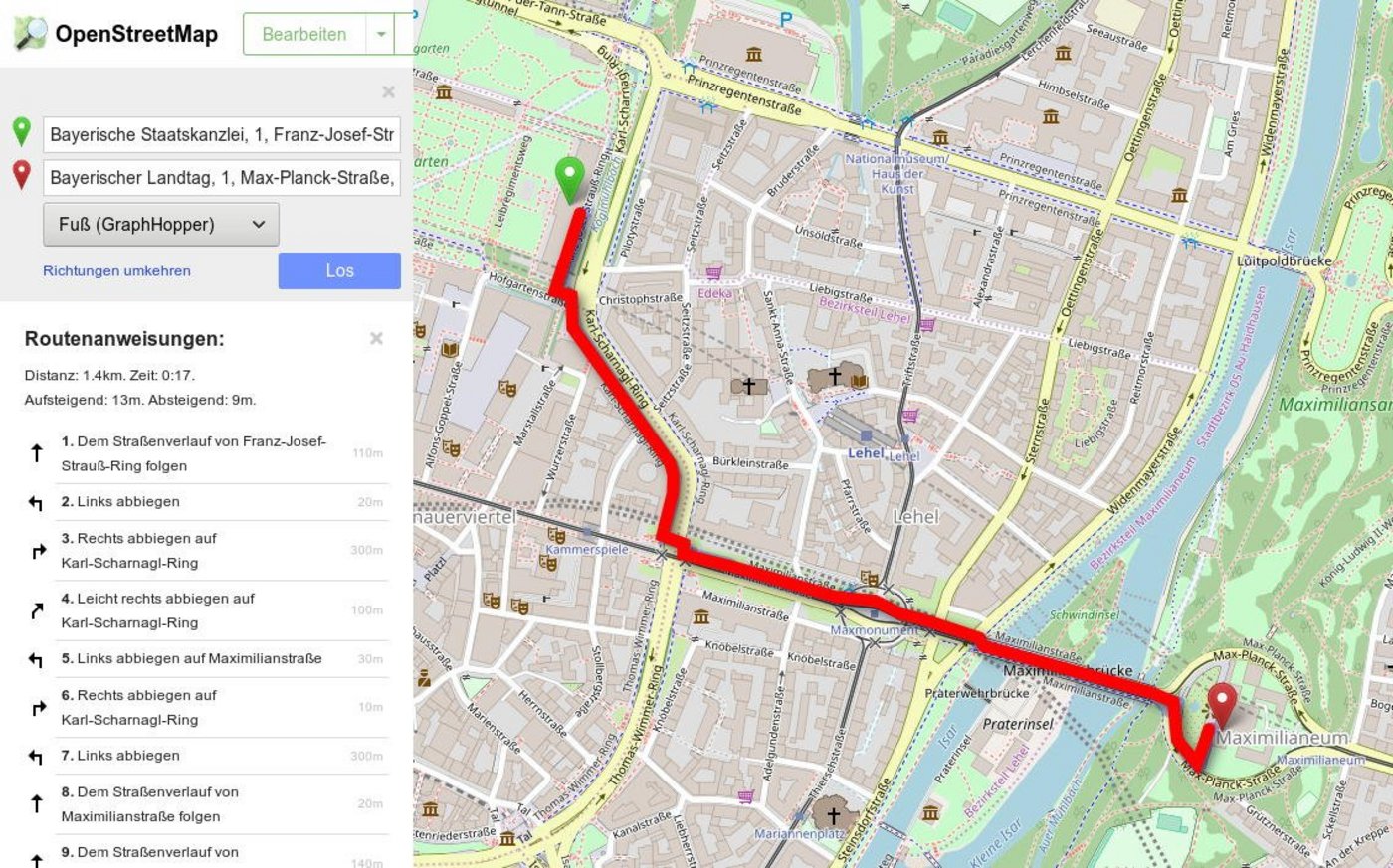 TYPO3-Browser: Routenplaner-Beispiel für den Fußweg von der Bayerischen Staatskanzlei zum Bayerischen Landtag