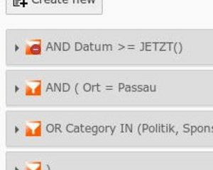 Beispiel für Veranstaltungen: Zeige alle zukünftigen Datensätze mit dem Ort Passau an, denen die Kategorie Politik oder Sponsoring zugeordnet ist. 