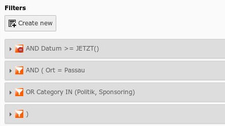 Beispiel für Veranstaltungen: Zeige alle zukünftigen Datensätze mit dem Ort Passau an, denen die Kategorie Politik oder Sponsoring zugeordnet ist. 