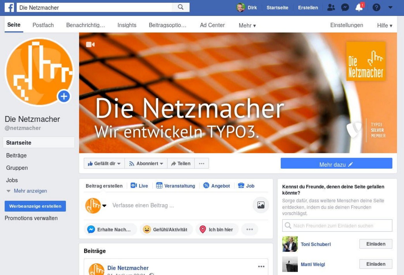 Unternehmens-Website der Netzmacher bei facebook: Wir entwickeln TYPO3