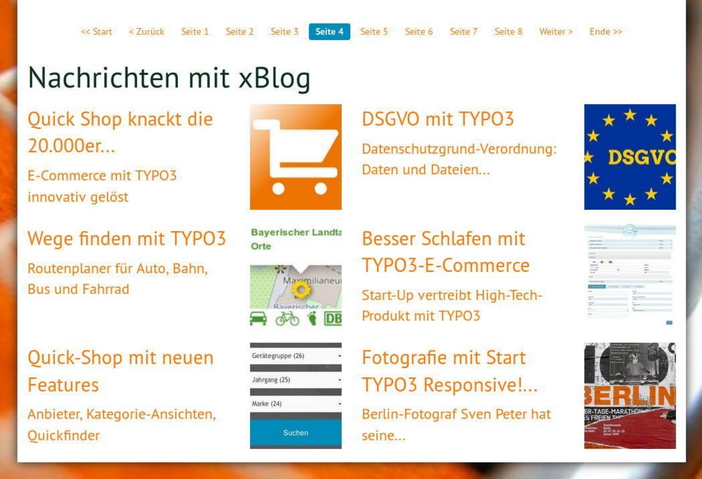 TYPO3 xBlog: Listenansicht mit Nachrichten in zwei Spalten. Bilder rechts vom Text.