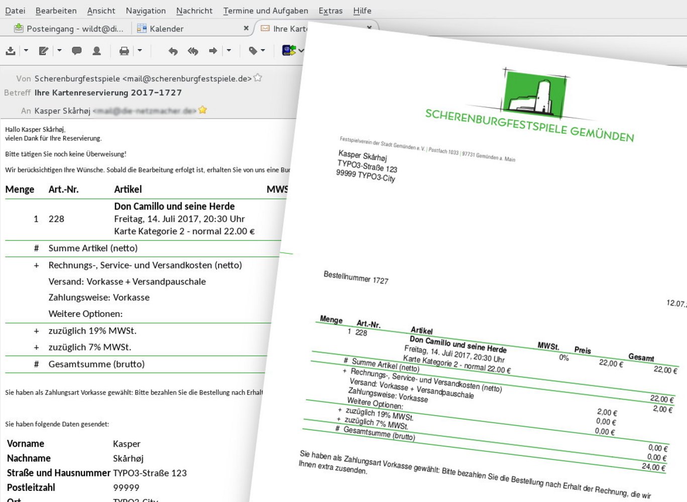 Scherenburg-Festspiele: Bestellbestätigung als E-Mail und PDF-Anhang. Mit TYPO3-Start und -Organiser.