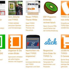 TYPO3 xBlog: Listenansicht mit Nachrichten in sechs Spalten. Bilder oberhalb vom Text.