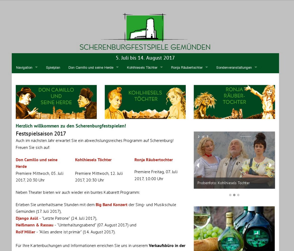 Scherenburg-Festspiele: Desktop-Version. Mit TYPO3-Start und -Organiser.