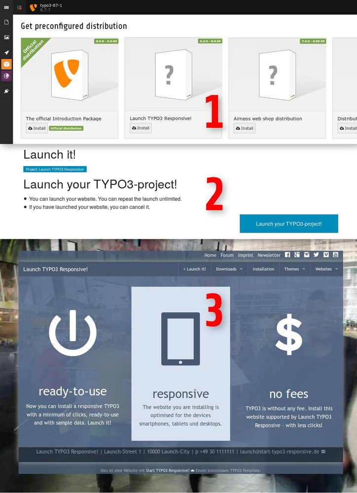 Ablauf der Installation von Sart TYPO3 Responsive! (start) mit Launch TYPO3 Responsive! (launchstart)