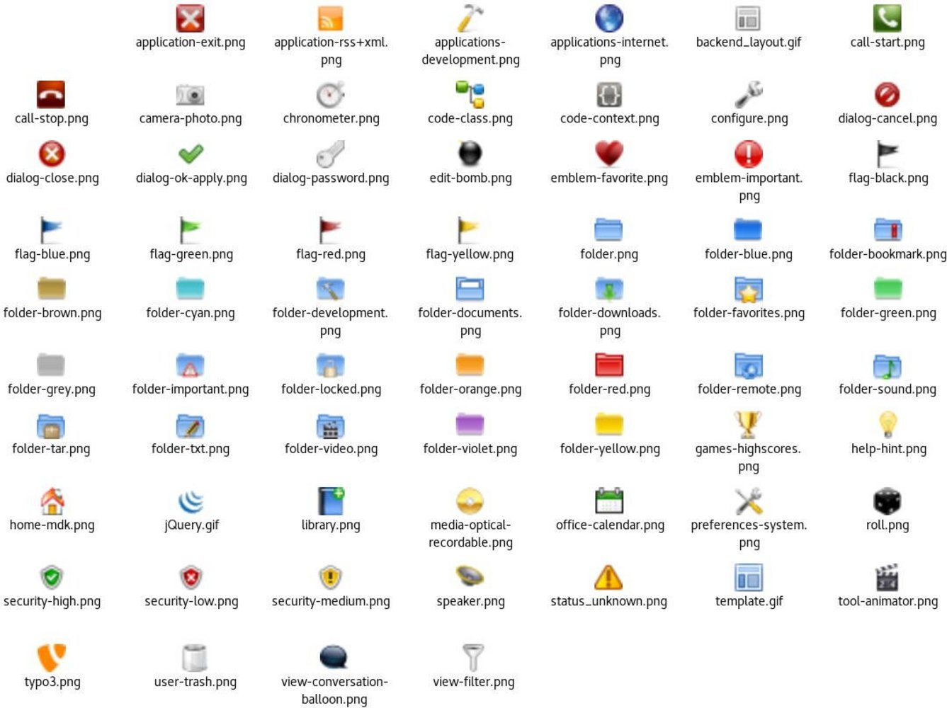 Die bisherigen 66 Icons: von Application-Exit über Edit-Bomb bis View-Filter