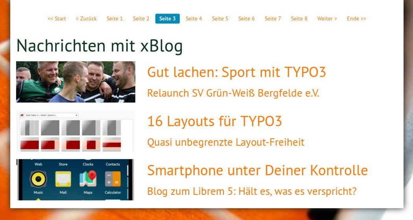 TYPO3 xBlog: Listenansicht mit Nachrichten in einer Spalte. Bilder links vom Text.