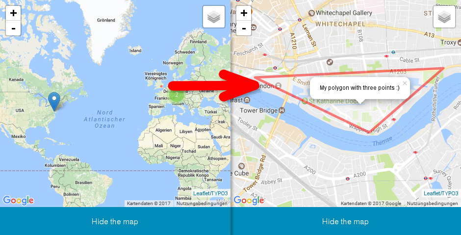 Ein Polygon in London: links als kleiner Punkt, rechts ganz groß. Mit TYPO3 kann man jetzt sogenannte Vektor-Layer in interaktive Karten malen. Leaflet und der Browser - responsive TYPO3 ohne PHP - machen es möglich.