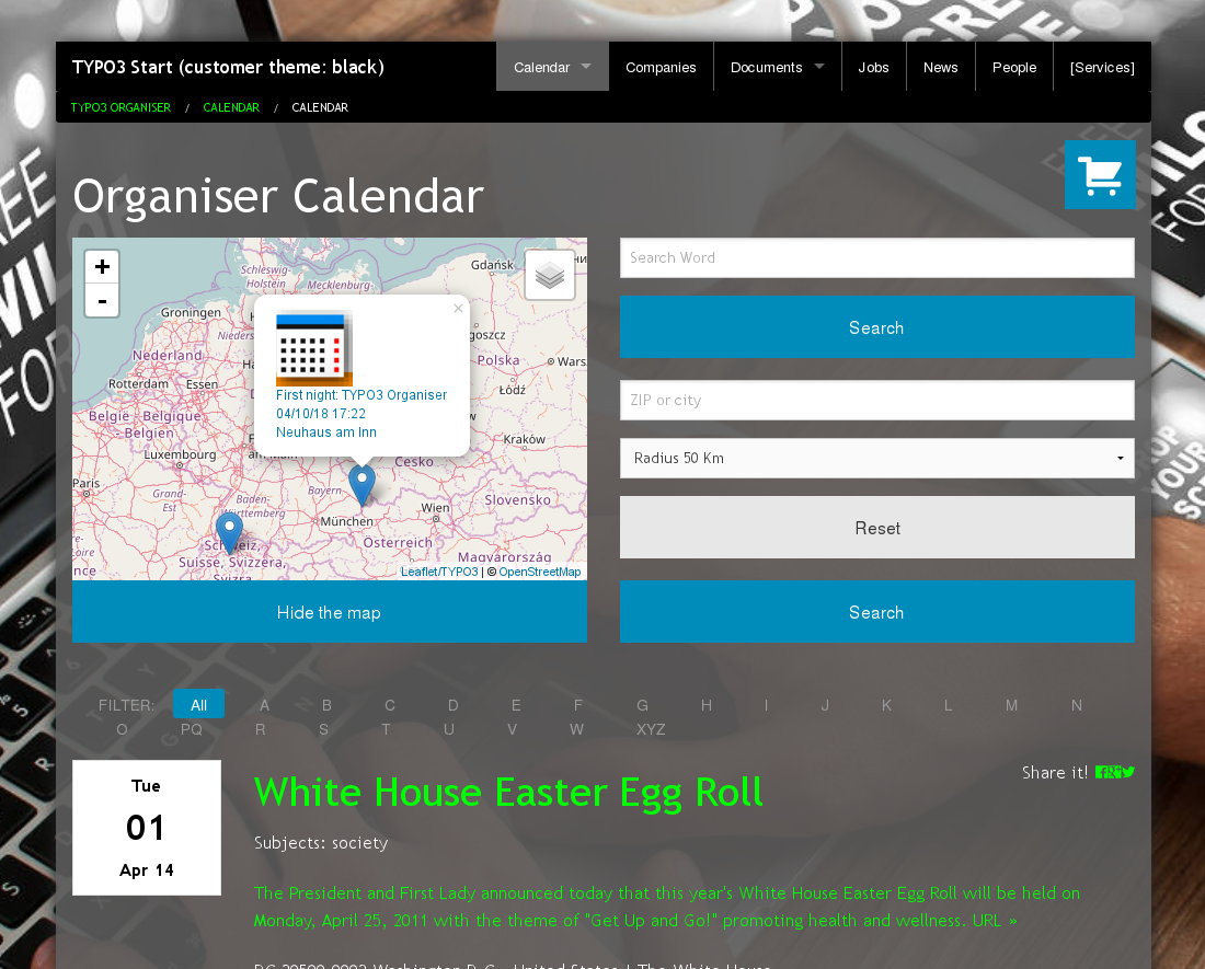 Datensätze mit Adressen - Dienstleistungen, Kalendereinträge, Firmen und Veranstaltungsorte - werden auf interaktiven Karten dargestellt. Hier: der Kalender. Organiser - responsive TYPO3 für Lobby und Veranstalter