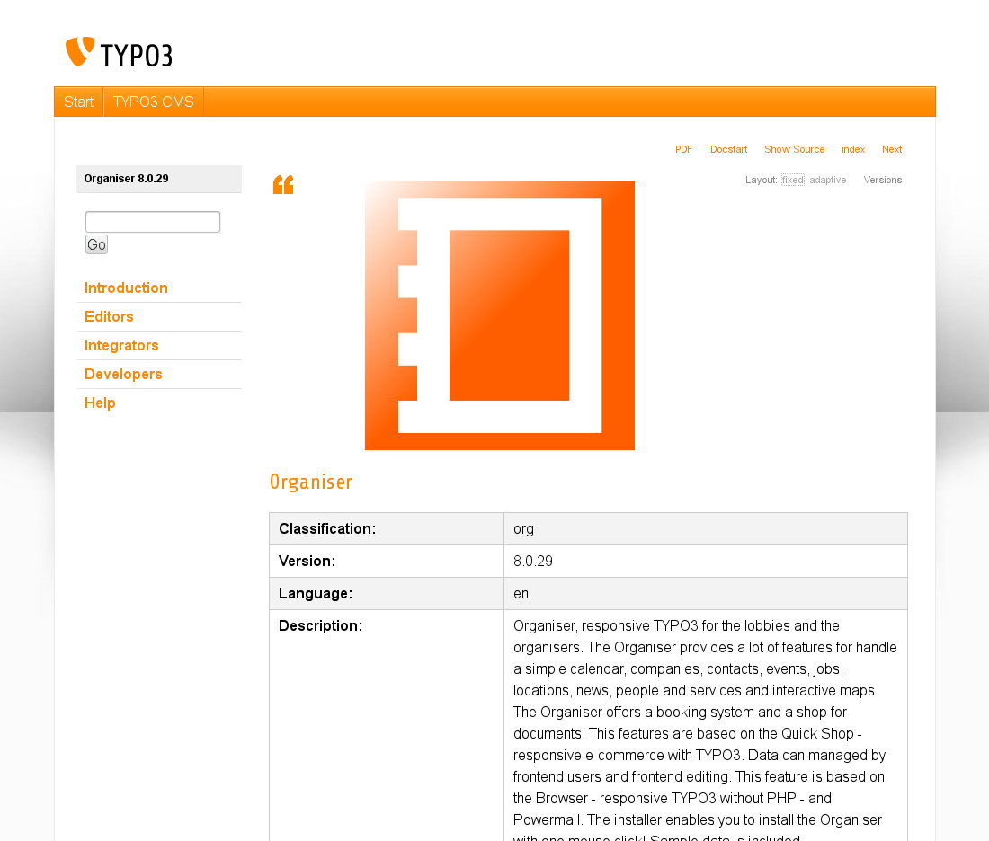 Das Handbuch (Englisch) auf typo3.org zum Organiser - responsive TYPO3 für Lobby und Veranstalter