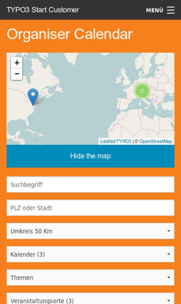 Organiser mit Start TYPO3 Responsive! Smartphone Leaflet Map