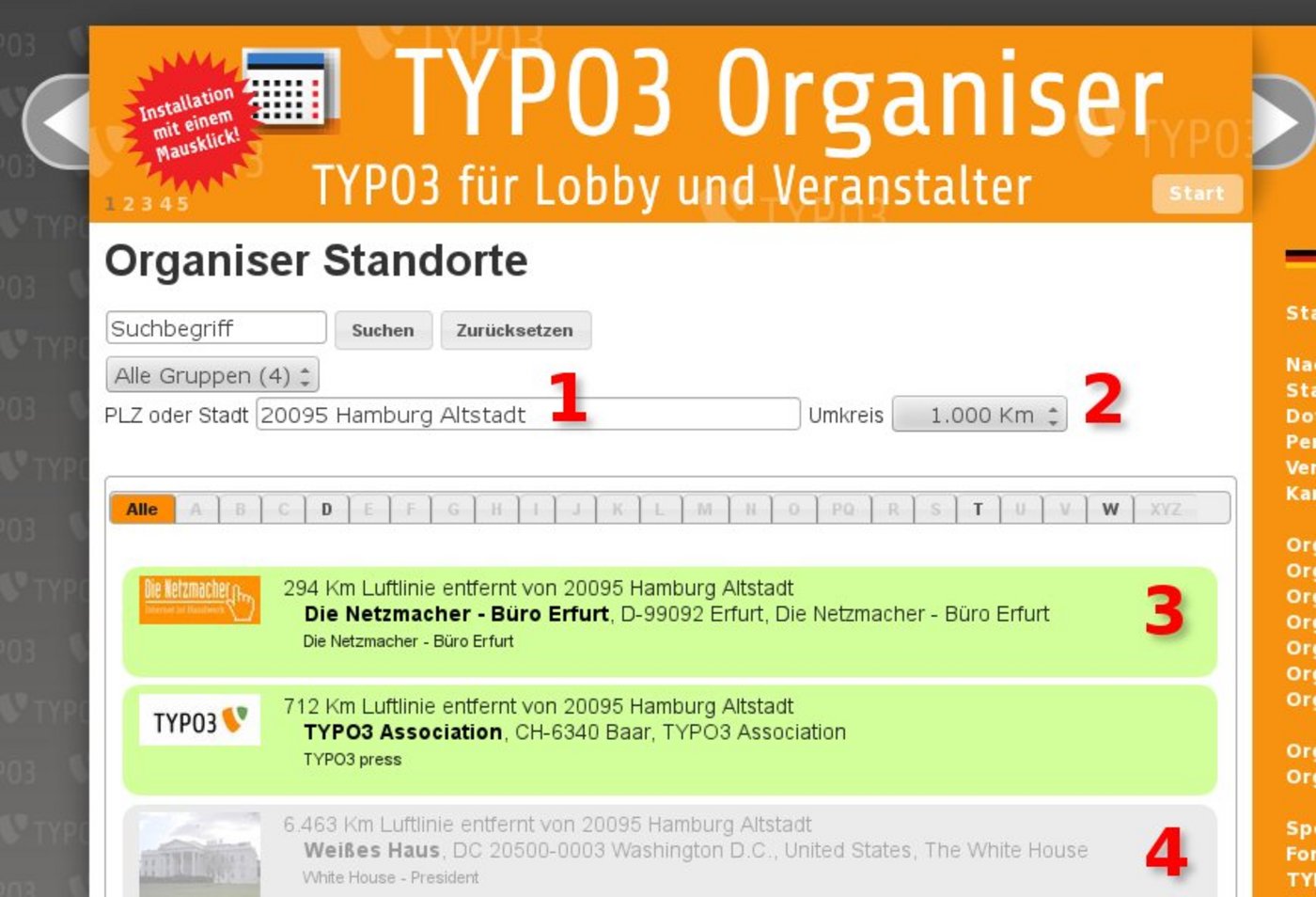 Live Example mit TYPO3-Organiser