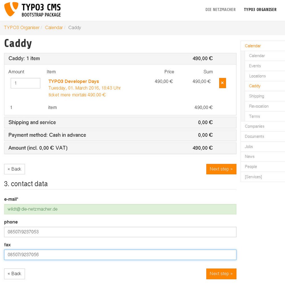 TYPO3 für Lobby und Veranstalter responsive mit Bootstrap: Warenkorb Caddy mit Powermail Formular 