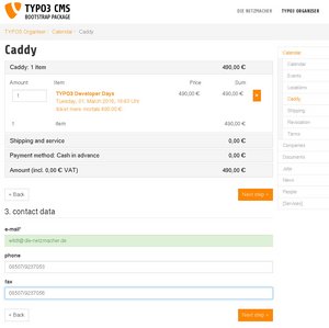 TYPO3 für Lobby und Veranstalter responsive mit Bootstrap: Warenkorb Caddy mit Powermail Formular 