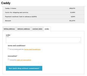 TYPO3 Warenkorb Caddy: Das Bestellformular (unten) blendet sich erst ein, wenn Caddy die Bestellung erfolgreich geprüft hat 