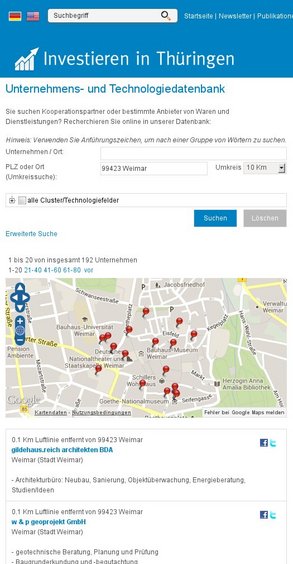 Thüringer Technologie-Datenbank mit Radial-Search (Umkreissuche) 